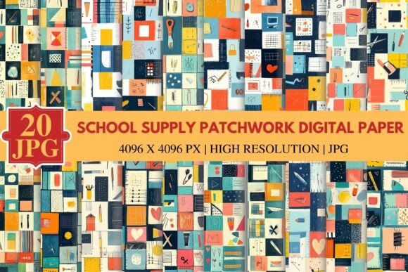 Download School Supply Patchwork Digital Paper - Digital Collection