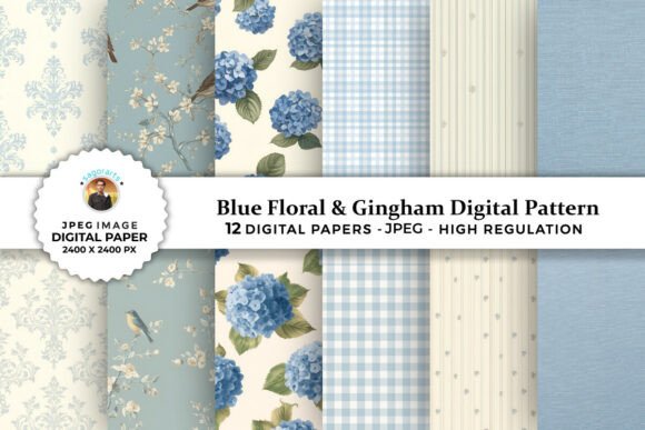 Download Blue Floral &amp; Gingham Digital Patterns - Digital Collection
