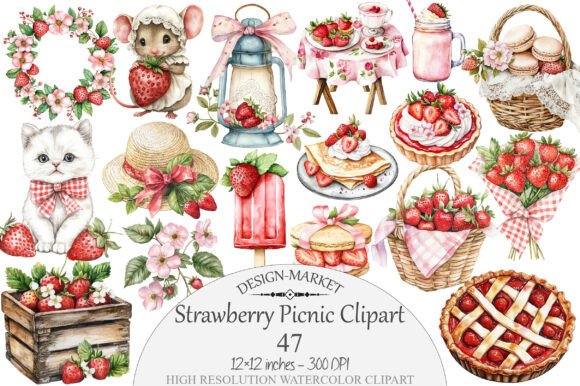 Download Watercolor Strawberry Picnic Clipart - Picnic Collection