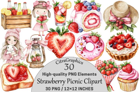 Download Watercolor Strawberry Picnic Clipart. - Picnic Collection