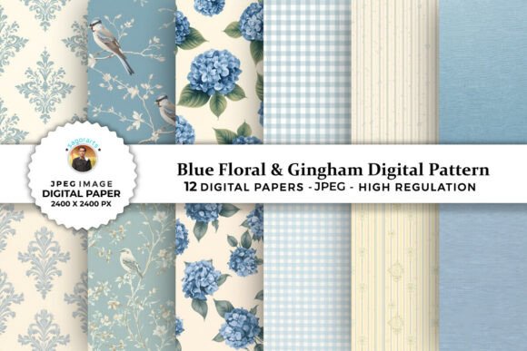 Download Blue Floral &amp; Gingham Digital Patterns - Digital Collection