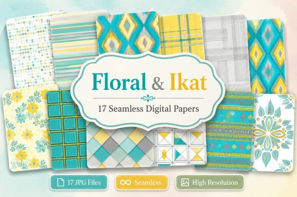 Download Floral &amp; Ikat Digital Papers Bundle - Digital Collection
