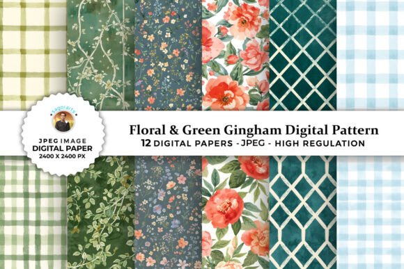 Download Floral &amp; Green Gingham Digital Patterns - Digital Collection